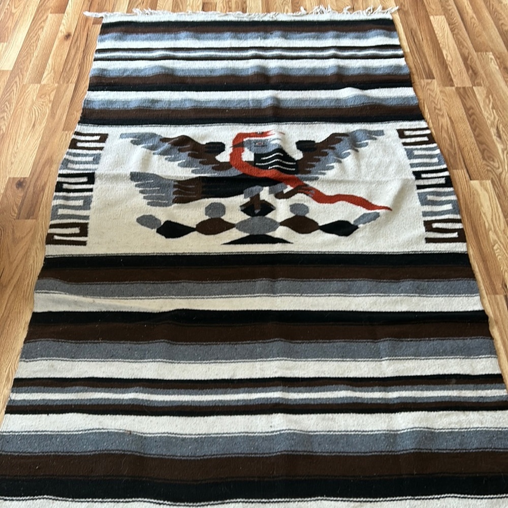 Vintage Mexican wool rug blanket eagle snake brown black stripe fringe boho82x47